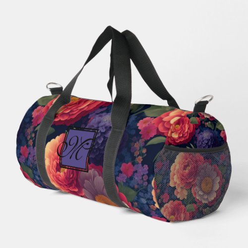 Elegant orange red floral romantic monogram  duffle bag