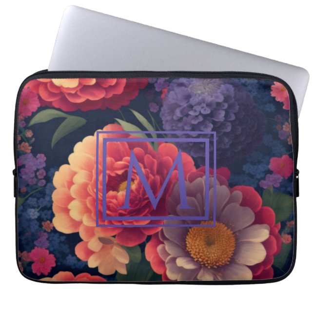 Elegant orange red floral romantic monogram  laptop sleeve (Front)