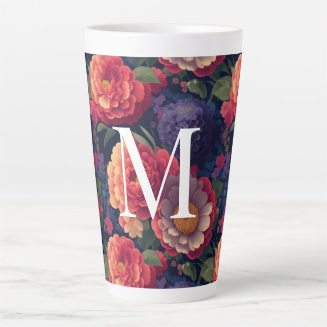 Elegant orange red floral romantic monogram  latte mug (Front)
