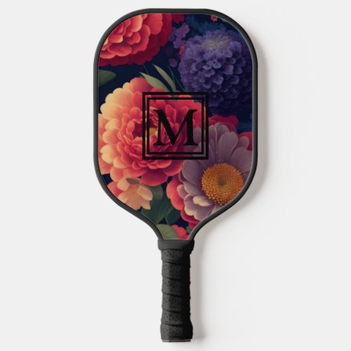 Elegant orange red floral romantic monogram  pickleball paddle