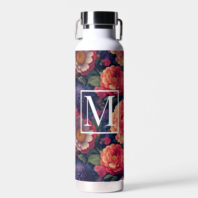Elegant orange red floral romantic monogram  water bottle (Front)
