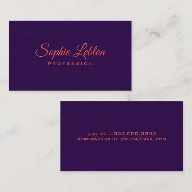 Elegant orange red name on dark purple business card (Front/Back)