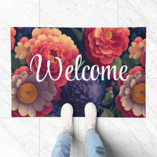 Elegant orange red pink watercolor floral doormat