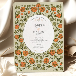 Elegant Orange Rose and Green Heart Wedding Invitation