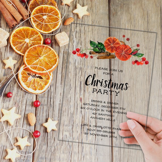 Elegant Orange Slices and Cinnamon Christmas Acrylic Invitations (Elegant orange slices, berries and cinnamon sticks ACRYLIC Christmas party invitations)