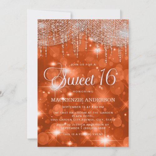 Elegant Orange String Lights Bokeh Sweet 16 Invitation