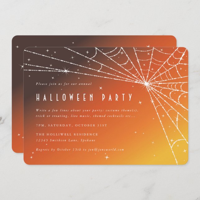 Elegant Orange Sunset Spider Web Halloween Party Invitation (Front/Back)