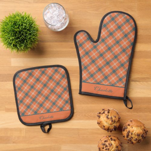 Elegant Orange  Teal Royal Stewart Tartan Custom Oven Mitt  Pot Holder Set