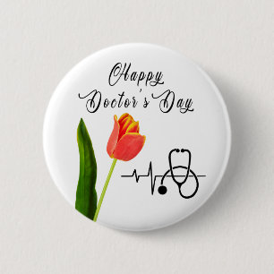 Elegant Orange Tulip And Stethoscope Doctors Day Button