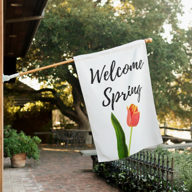 Elegant Orange Tulip Welcome Spring House Flag (In SItu)