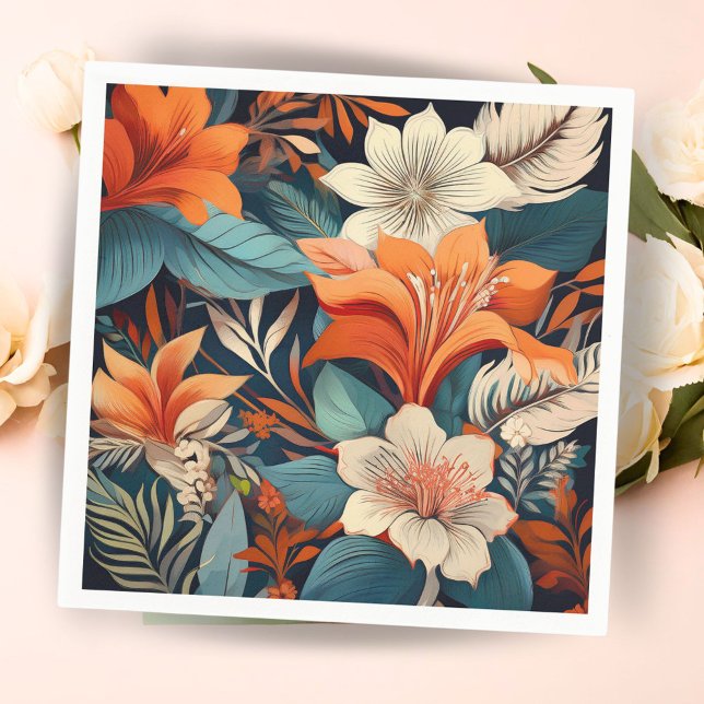 Elegant Orange Turquoise Flower Pattern Floral Napkins (Creator Uploaded)