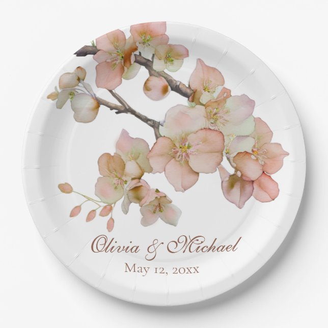 Elegant orange watercolor blossoms calligraphy paper plates (Front)