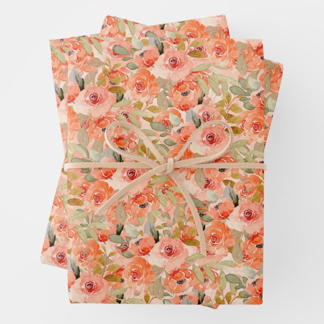 Elegant Orange Watercolor Floral  Wrapping Paper Sheets (In situ)