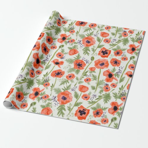Elegant Orange Watercolor Poppy Floral Pattern Wrapping Paper