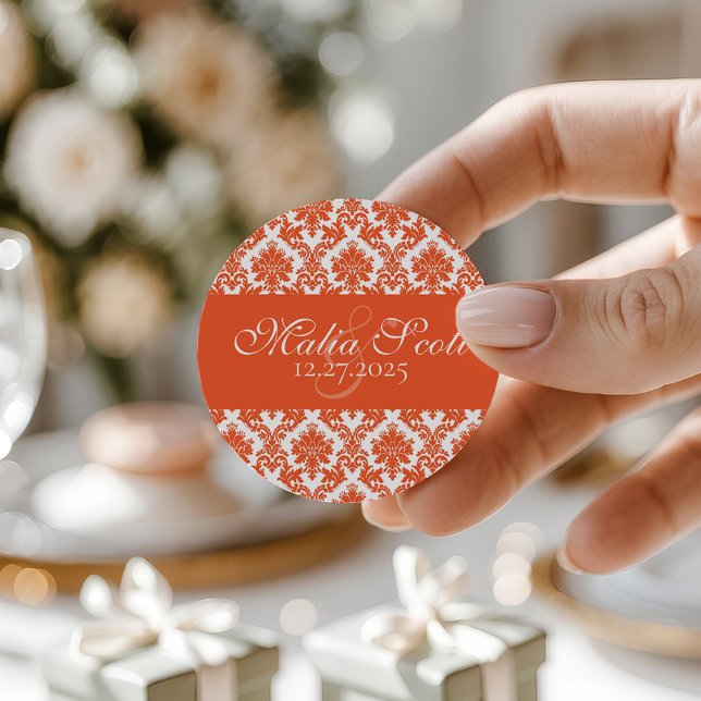 Elegant Orange White Damask Wedding Favor Classic Round Sticker (Creator Uploaded)
