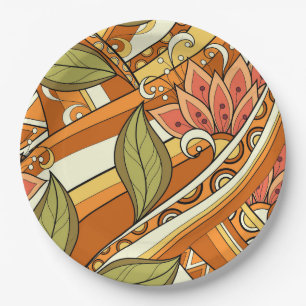 Elegant Orange White Flowers And Swirl Floral Paper Plates