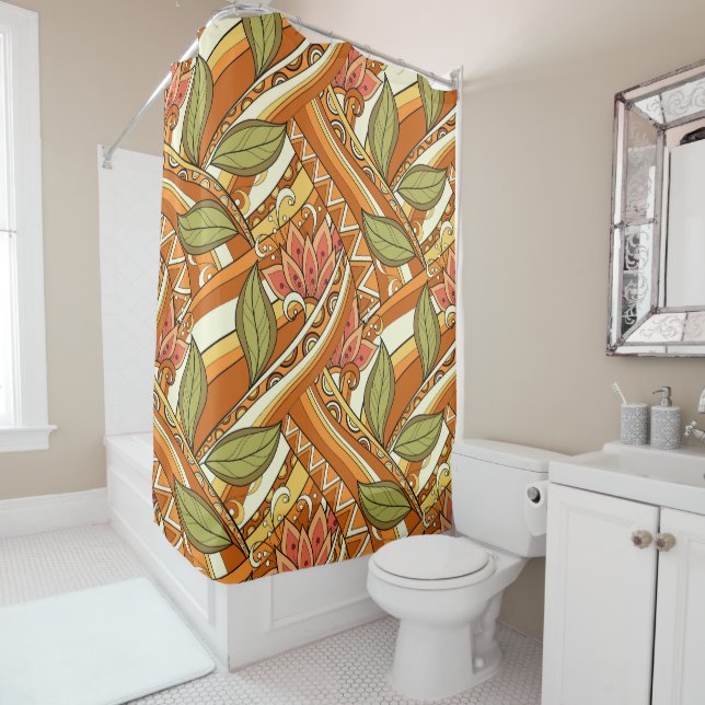 Elegant Orange White Flowers And Swirl Shower Curtain (In Situ)