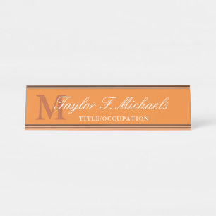 Elegant Orange White Monogram & Name Desk Name Plate