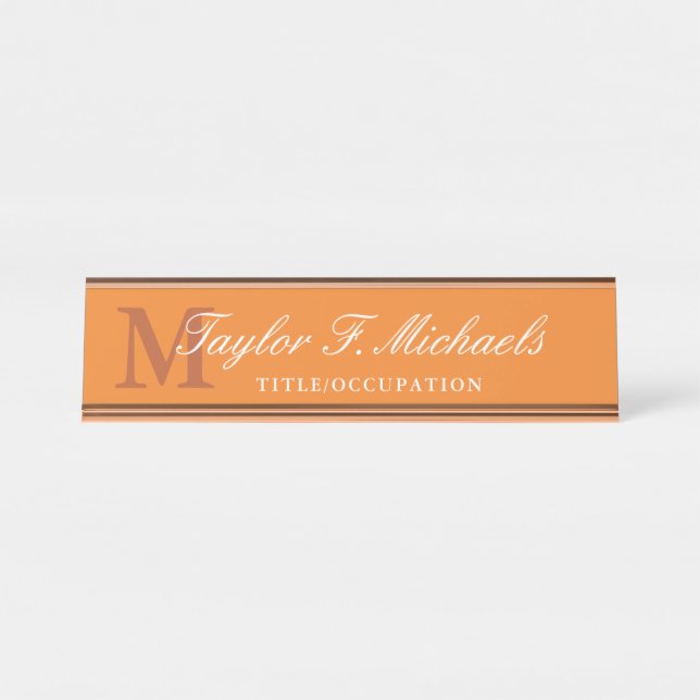 Elegant Orange White Monogram & Name Desk Name Plate (Front)