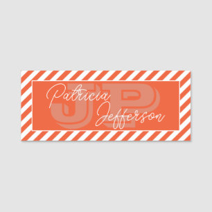 Elegant Orange White Striped Monogram Name Tag