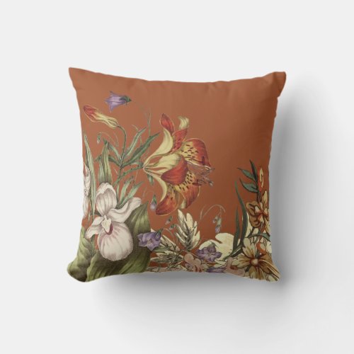 Elegant Orange Wildflower Watercolor Throw Pillow