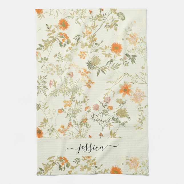 Elegant orange wildflowers script name kitchen towel (Vertical)