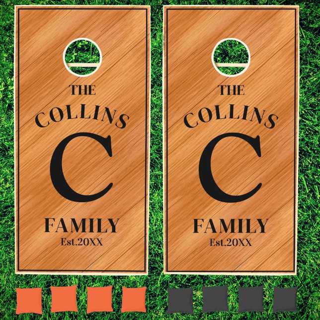 Elegant Orange Wood Grain Family Name Monogram Cornhole Set (Creator Uploaded)