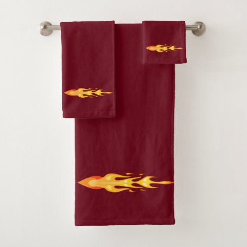 Elegant Orange Yellow Fire Flame on Crimson Bath Towel Set