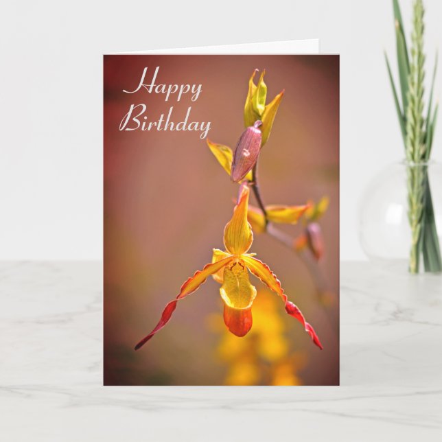 Elegant Orange Yellow Orchid Flower Happy Birthday Card (Front)