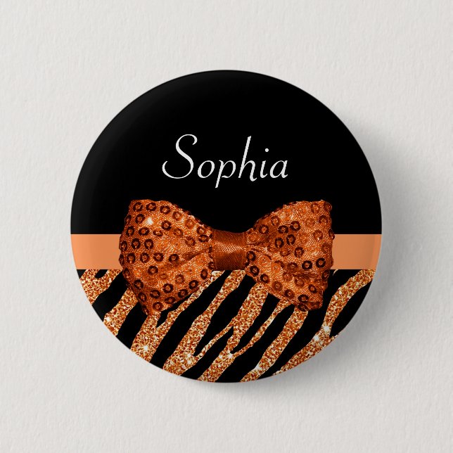 Elegant Orange Zebra Print FAUX Glitz Bow and Name Button (Front)