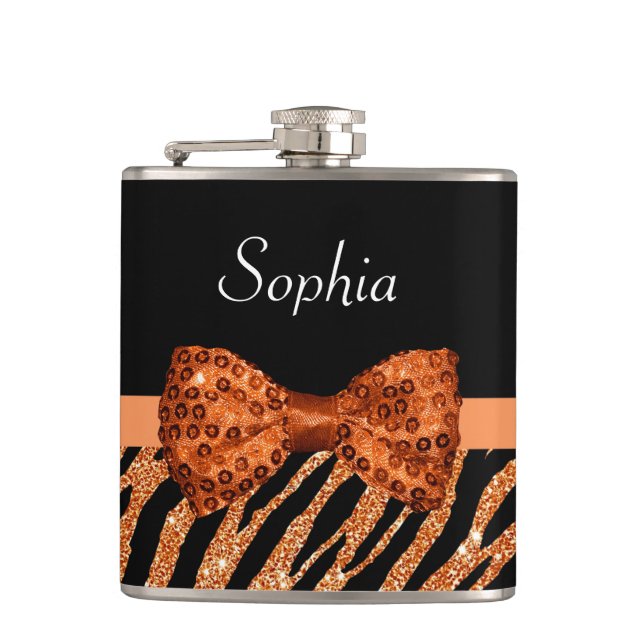 Elegant Orange Zebra Print FAUX Glitz Bow and Name Flask (Front)