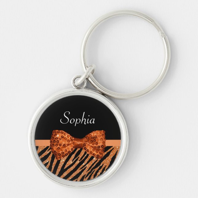 Elegant Orange Zebra Print FAUX Glitz Bow and Name Keychain (Front)