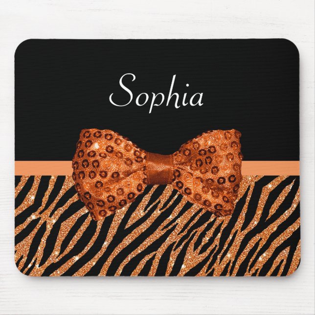 Elegant Orange Zebra Print FAUX Glitz Bow and Name Mouse Pad (Front)