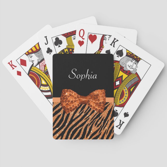 Elegant Orange Zebra Print FAUX Glitz Bow and Name Poker Cards (Back)
