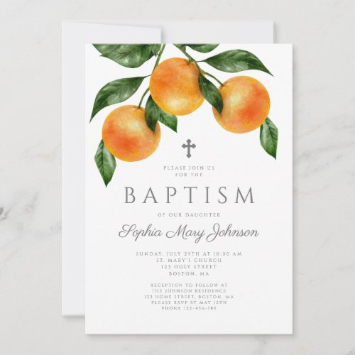 Elegant Oranges Botanical Girl Baptism Invitation