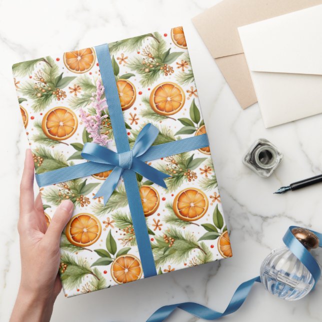 Elegant Oranges & Christmas Tree Branches Wrapping Paper (Gifting)