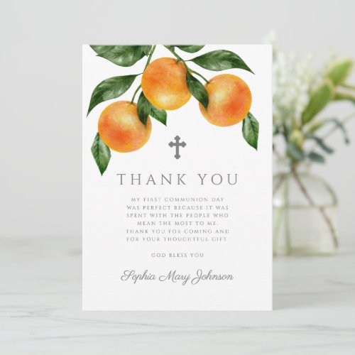 Elegant Oranges Citrus First Holy Communion Thank You Card