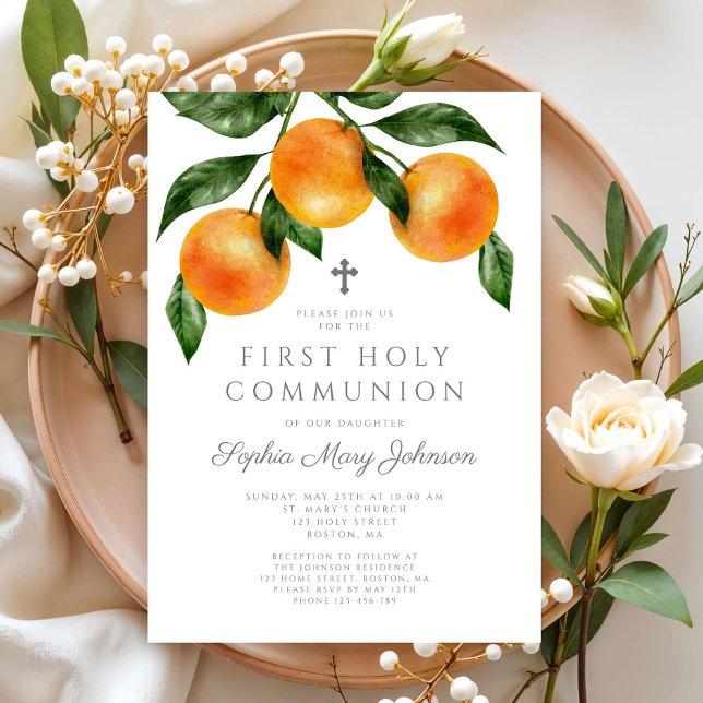 Elegant Oranges Girl First Holy Communion Invitation (Elegant Oranges Girl First Holy Communion Invitation)
