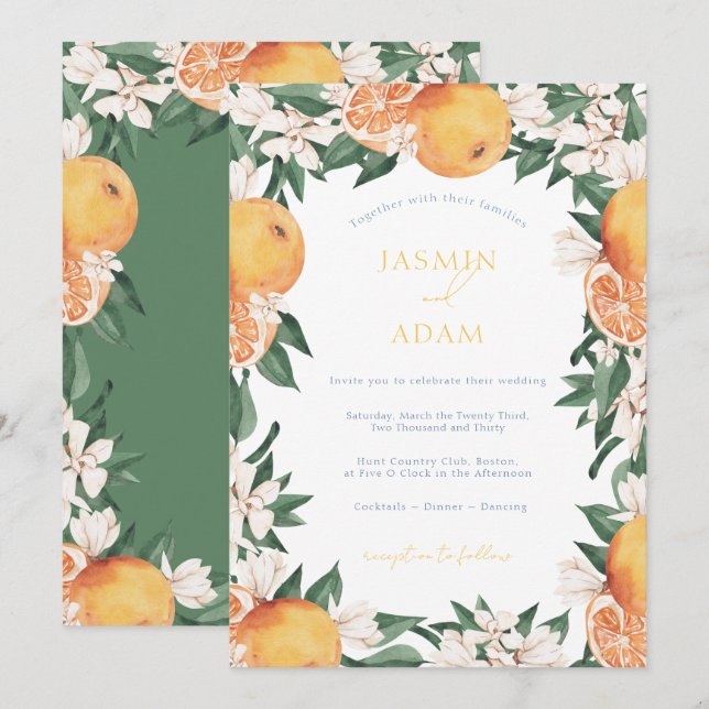 Elegant Oranges Mediterranean Citrus Wedding Invitation (Front/Back)