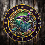 Elegant Orca Turtle Dartboard Artwork<br><div class="desc">Transform your fishing lodge or mancave with this elegant orca and turtle-themed dartboard decor. The central figure, a regal orca, is beautifully detailed with intricate designs in purple, gold, and blue, giving it a striking stained-glass effect. Swimming nearby, a turtle adds a serene complement to the aquatic motif. The entire...</div>