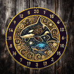 Elegant Orca Turtle Dartboard Decor<br><div class="desc">Add a touch of sophistication to your man cave or fishing lodge with this stunning artwork. The centerpiece features a graceful orca alongside a vivid blue sea turtle, surrounded by intricate golden floral designs and glowing stars. This circular masterpiece is perfect for a dartboard, creating a unique and eye-catching focal...</div>