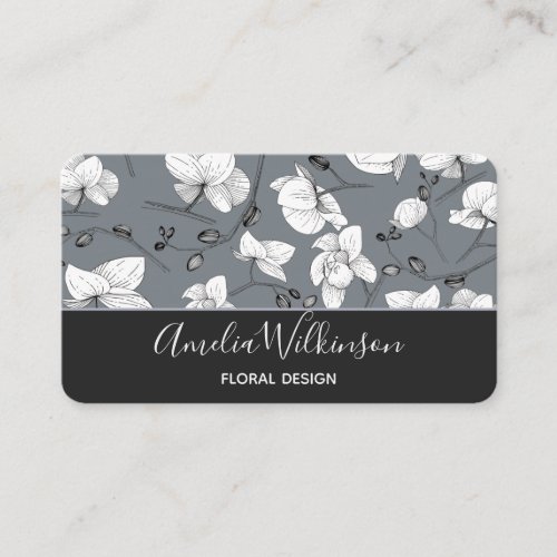 Elegant orchid black  white floral delicate grey business card