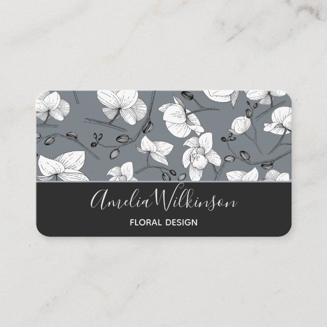 Elegant orchid black & white floral delicate grey business card (Front)
