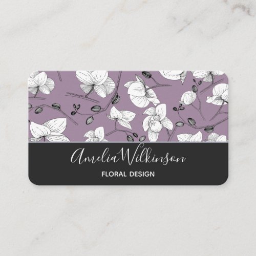 Elegant orchid black  white floral delicate lilac business card
