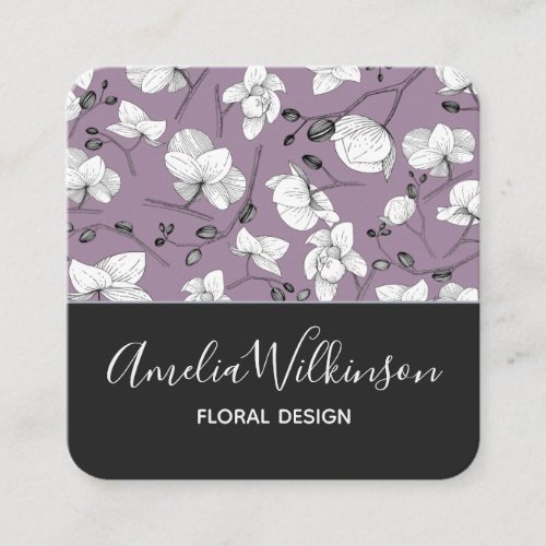 Elegant orchid black  white floral delicate lilac square business card