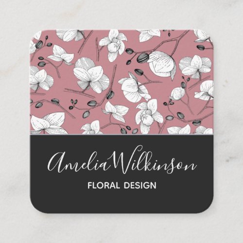 Elegant orchid black white modern floral old pink square business card