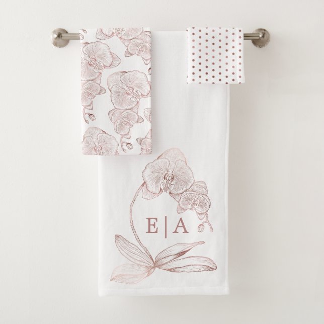 Elegant Orchid Botanical Monogram Wedding  Bath Towel Set (Insitu)