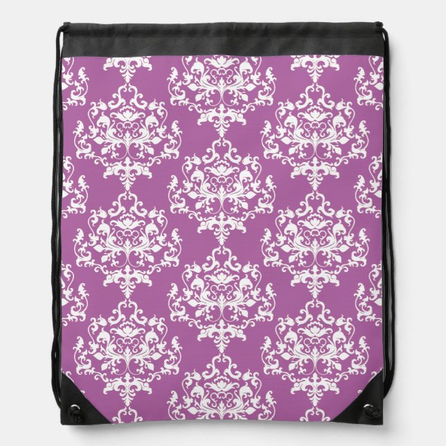 Elegant Orchid Damask Drawstring Backpack (Front)