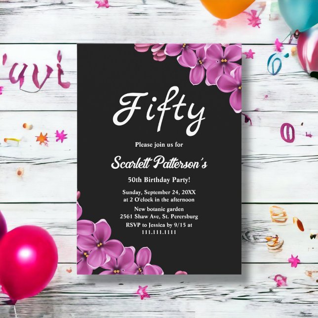 Elegant Orchid Flower Black Floral 50th Birthday Invitation (Creator Uploaded)