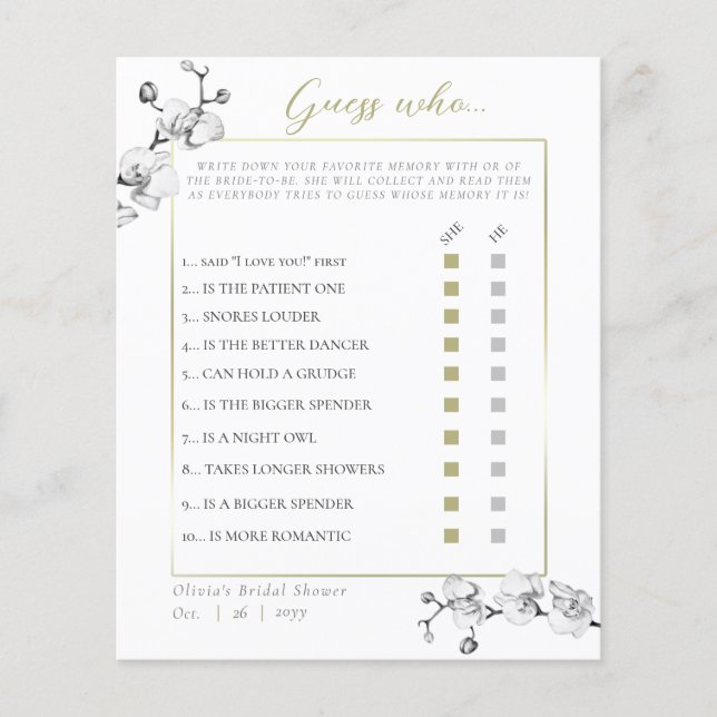 Elegant Orchid Frame Bridal Shower Guess Who Game (Front)